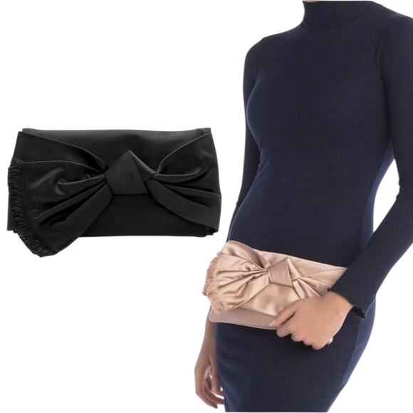 Tory Burch Eleanor Satin Bow Evening Clutch Bag Black - Picture 1 of 14